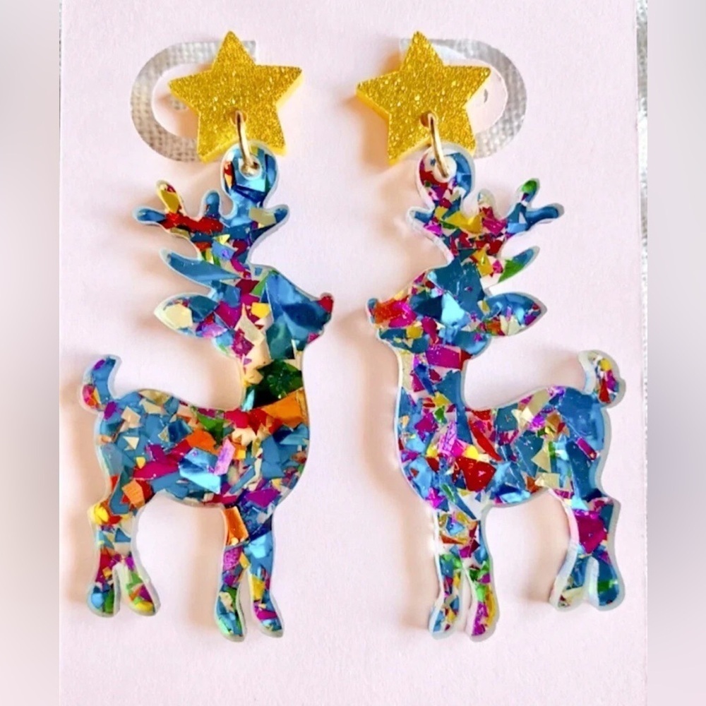New Christmas Festive Reindeer Deer Confetti Acrylic Earrings - 2.50”